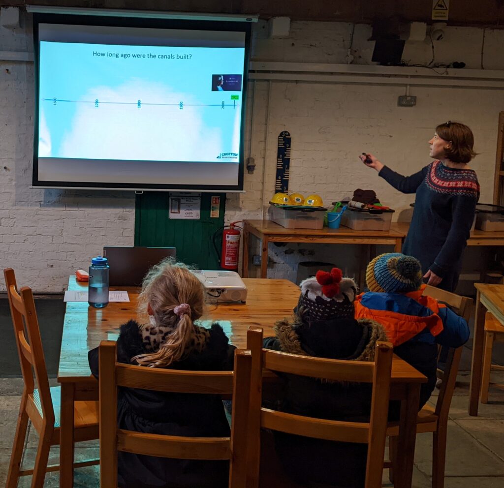 Classroom layout, children looking at presentation on screen. Teacher in front pointing at the school.